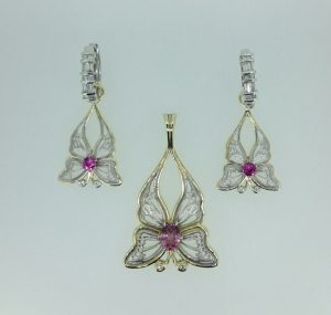 Komplektas Nr.17 (Drugeliai is balto ir geltono aukso, puosti turmalinais ir briliantais)