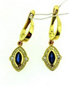 Auskarai Nr.69 (is geltono aukso, puosti safyrais ir briliantais)